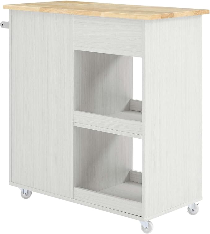 Modway Culinary Rolling Kitchen Cart with Storage in White Natural - 3 Tiers Kitchen Island on Wheels with Towel Bar, Functional as a Coffee Station, Bar Cabinet or Butcher Block Island - LeafyLoom