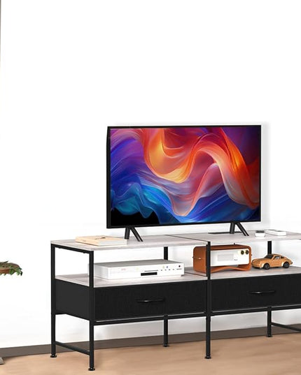 HEOMU Industrial TV Stand for 50 Inch Television Cabinet 3-Tier Console Table with Fabric Drawer, Entertainment Center Media Console Metal Frame for Living Room, Bedroom, Grey - LeafyLoom
