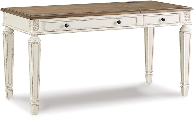 Signature Design by Ashley Realyn French Country 60" Home Office Lift Top Desk with USB Charging, Chipped White - LeafyLoom