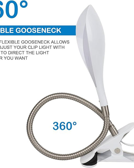 Desk lamp Eye-Caring Table Lamps, 360°Rotation Gooseneck Clip on Lamp Reading Light, Portable Reading Book Light, Clamp Light, Study Desk Lamps for Bedroom and Office Home Lighting (White-C02) - LeafyLoom