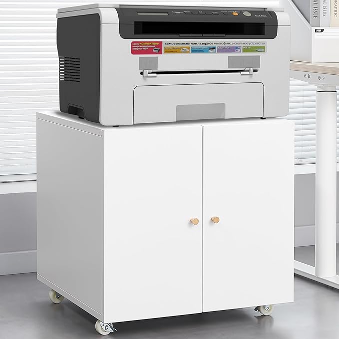 23.62" Metal Office Copier 2 Door and 360 ° Universal Wheel,Mobile Lateral Filing Cabinets w/Aluminum Alloy Handle,Rolling Printer Stand for Legal/Letter/A4,White - LeafyLoom