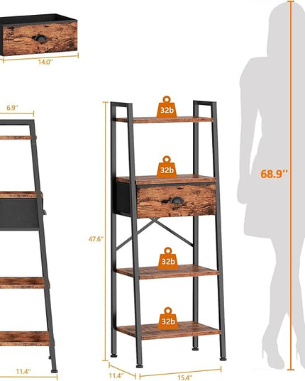 Furologee 4 Tier Ladder Shelf, Narrow Ladder Book Shelf with Drawer, Modern Bookcase Freestanding Shelf Units, Storage Shelves Organizer for Bedroom, Living Room, Bathroom, Home Office, Rustic Brown - LeafyLoom