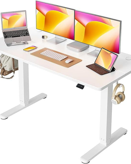 Cubiker 55 x 24 Inch Standing Desk, Stand up Height Adjustable Home Office Electric Table, Sit Stand Desk with Splice Board, White Frame & White Desktop - LeafyLoom