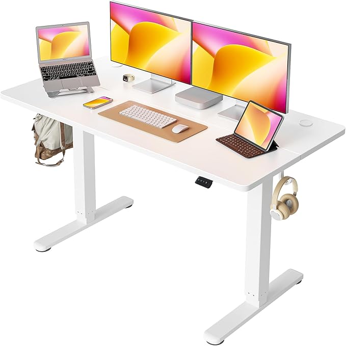 Cubiker 55 x 24 Inch Standing Desk, Stand up Height Adjustable Home Office Electric Table, Sit Stand Desk with Splice Board, White Frame & White Desktop - LeafyLoom