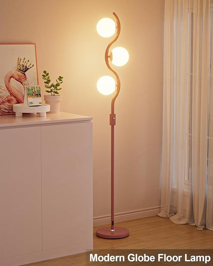 Lightdot 60IN Dimmable (Brightness Adjustable) Pink Floor Lamp, Mid Century Standing Lamps with 3 Globe Soft Warm White Eye Care 3000K Bulbs Included, Modern Tall Lamp for Bedroom Office - LeafyLoom