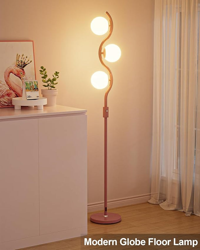 Lightdot 60IN Dimmable (Brightness Adjustable) Pink Floor Lamp, Mid Century Standing Lamps with 3 Globe Soft Warm White Eye Care 3000K Bulbs Included, Modern Tall Lamp for Bedroom Office - LeafyLoom