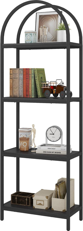 Yusong Bookshelf 4 Tier Arched Bookcase, 71.3" Tall Industrial Open Book Shelves for Living Room, Modern Freestanding Display Shelving Unit Storage Rack with Metal Frame, Office, Bedroom, Black - LeafyLoom
