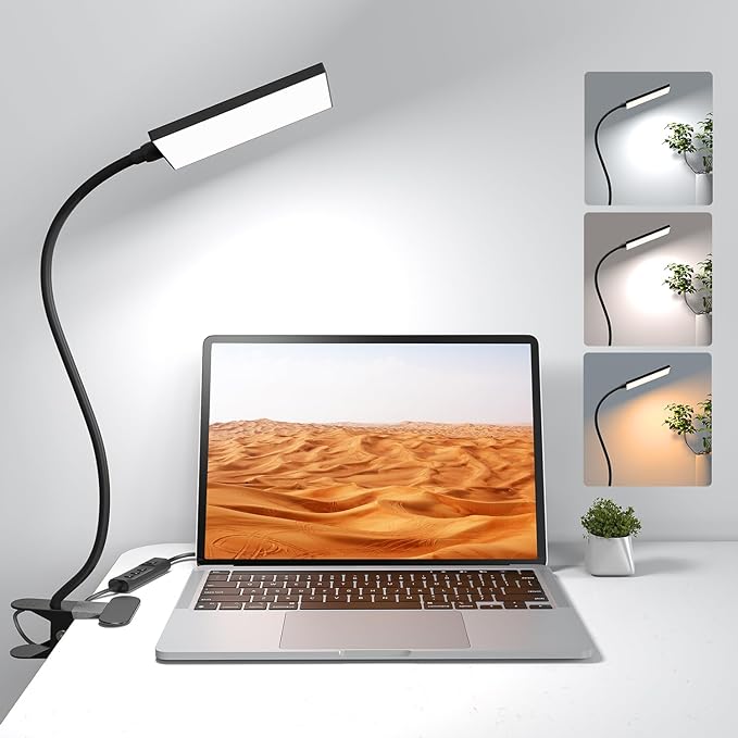 LED Desk Lamp with Clamp for Home Office, Dimmable Clip on Desk Light with USB Port, 3 Color Modes 11 Brightness Flexible Gooseneck Reading Lamp for Studying Working, Black - LeafyLoom