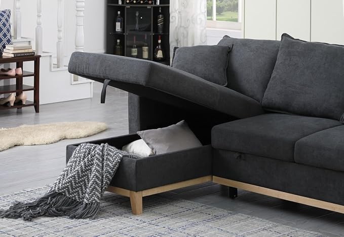 84" Sleeper Sectional Sofa with Storage Chaise, Convertible Woven 3 Seater Corner Couch w/Pull Out Bed, for Living Room Small Space, 84 Inch, Dark Gray - LeafyLoom
