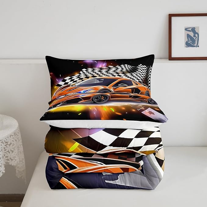 Feelyou Sports Car Comforter Set Queen, Orange Racing Car Bedding Set 3pcs for Kids Boys Teens Bedroom Cool Speed Luxury Car Decor, Black White Plaid Grid Print Quilt Set with 2 Pillowcases - LeafyLoom