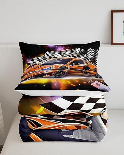Feelyou Sports Car Comforter Set King Size, Orange Racing Car Bedding Set 3pcs for Kids Boys Teens Bedroom Cool Speed Luxury Car Decor, Black White Plaid Grid Print Quilt Set with 2 Pillowcases - LeafyLoom