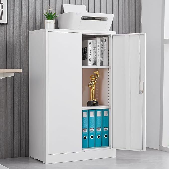 41.97" Metal Storage Doors and Adjustable Shelf,Folding Filing Cabinets w/Solid Steel Tube Locking Shaft,for Home Office,School,Garage,White - LeafyLoom