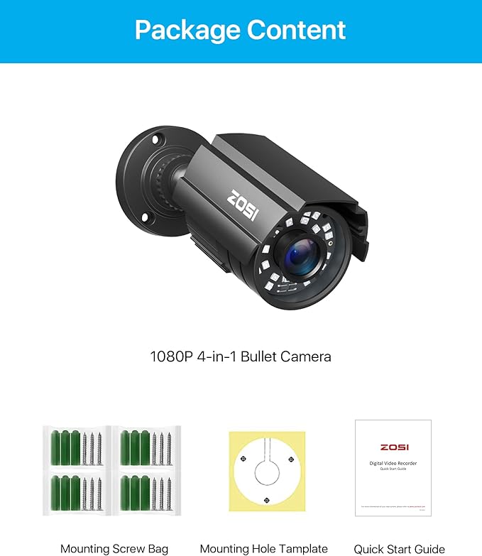 ZOSI 1080P CCTV Camera Outdoor Indoor Hybrid 4 in 1 HD TVI/CVI/AHD/CVBS Home Security Cameras System,Night Vision,Waterproof Metal Housing Bullet Cam For 960H,720P,1080P,5MP,4K analog Surveillance DVR ZOSI