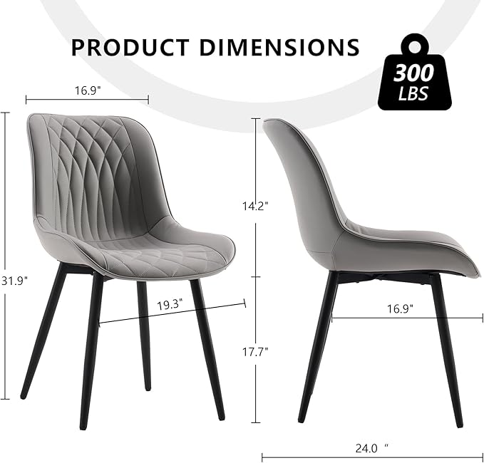 YOUNIKE Grey Dining Chairs set of 2 with High Backs Mid Century Modern Kitchen & Dining Room Chairs PU Faux Leather Upholstered sillas de comedor Comfortable Large Padded Accent Chairs with Metal Legs - LeafyLoom