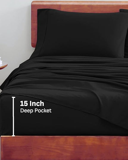 LANE LINEN 100% Organic Cotton Twin Bed Sheet Set, 3 Pc Twin Size Sheets Set, Soft & Breathable Twin Sheet Set Boys, Hotel Style Bedding Sheets & Pillowcases, 15" Deep Twin Fitted Sheet - Black - LeafyLoom