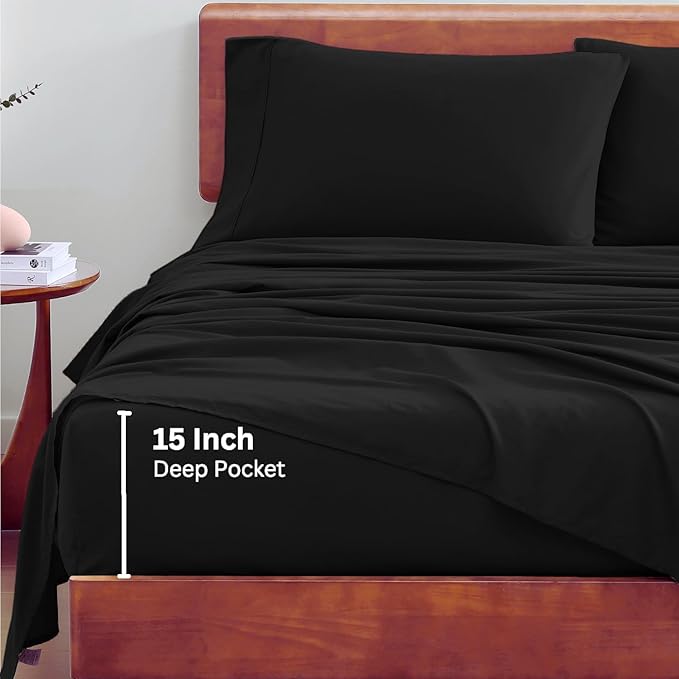 LANE LINEN 100% Organic Cotton Twin Bed Sheet Set, 3 Pc Twin Size Sheets Set, Soft & Breathable Twin Sheet Set Boys, Hotel Style Bedding Sheets & Pillowcases, 15" Deep Twin Fitted Sheet - Black - LeafyLoom