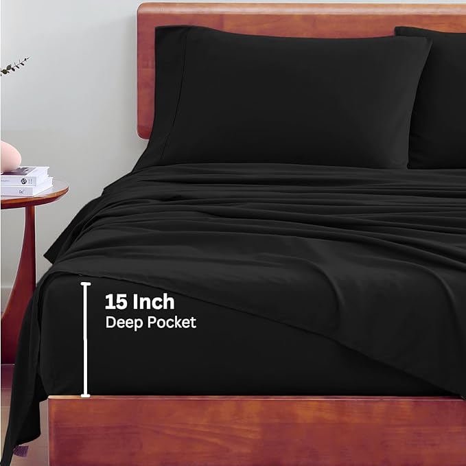 LANE LINEN Queen Size Sheets Set, 100% Organic Cotton Sheet Set, 4 Pc Queen Sheets, Percale Weave, Cooling Sheets Queen Size, Hotel Quality Queen Size Deep Pocket Sheet Sets, Oeko-Tex Sheets - Black - LeafyLoom