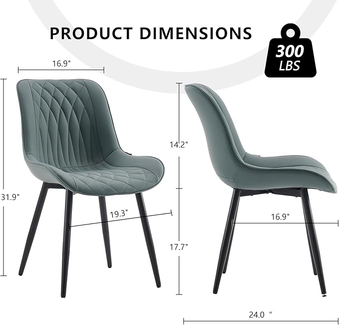 YOUNIKE Dining Chairs set of 2 with High Back Mid Century Modern Kitchen & Dining Room Chairs PU Faux Leather Upholstered sillas de comedor Comfortable Padded Accent Chair with Metal Leg Greyish Green - LeafyLoom