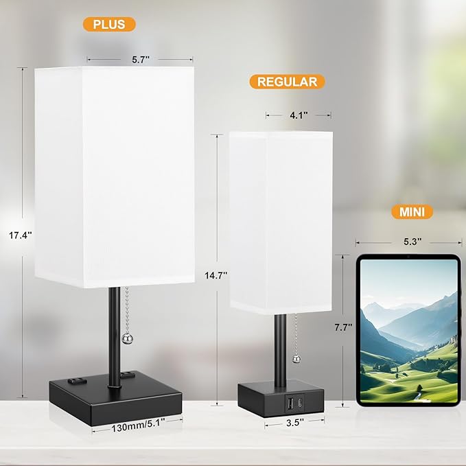 aooshine White Table Lamp for Bedside - 3 Color Temperature 3000K 5000K 4000K Bedroom Lamp, Pull Chain Control, USB A and C Ports, AC Outlets, Bulb Included, Medium - LeafyLoom