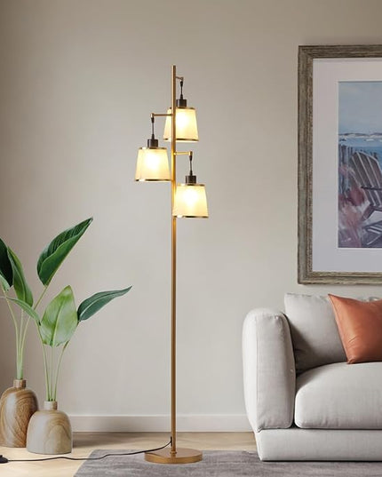 3 Lights Gold Floor Lamp, Mid Modern Standing Lamp Farmhouse with LED Bulbs & Elegant Lampshade, Tree Tall Lamp for Living Room, Bedroom, Office - Antique Brass - LeafyLoom