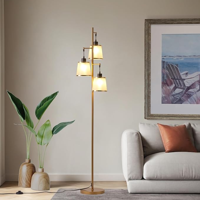 3 Lights Gold Floor Lamp, Mid Modern Standing Lamp Farmhouse with LED Bulbs & Elegant Lampshade, Tree Tall Lamp for Living Room, Bedroom, Office - Antique Brass - LeafyLoom