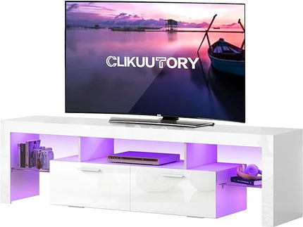 Clikuutory Modern LED 71 inch long TV Stand with Storage Drawer for 50 55 60 65 70 75 80 Inch TVs, White Wood TV Console with High Glossy Entertainment Center for Gaming, Living Room, Bedroom - LeafyLoom