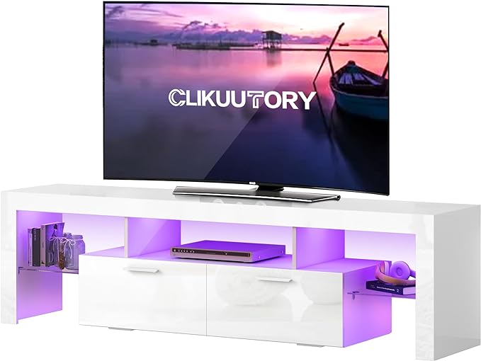 Clikuutory Modern LED 71 inch long TV Stand with Storage Drawer for 50 55 60 65 70 75 80 Inch TVs, White Wood TV Console with High Glossy Entertainment Center for Gaming, Living Room, Bedroom - LeafyLoom