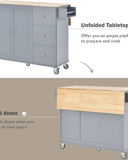 52.7 Cart with Wood Top and Drop Leaf Breakfast Bar, Rolling Mobile Island Towel Rack,Large Storage Cabinet Kitchen Table for Dinning Room, Grey, 52.76 Inch - LeafyLoom