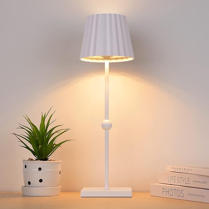 GGOYING Cordless Table Lamp,5200mAh Portable Rechargeable LED Lamp with 3 Color Stepless Dimming, Minimalist Battery Night Light for Dinner Camping(White) - LeafyLoom