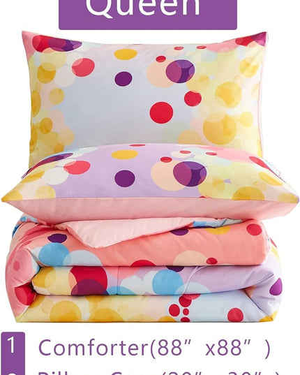 Rainbow Ombre Comforter Set Queen Size for Girls, Colorful Bubbles Polka Dots Comforter for Kids Teen, 3 Piece Orange Pink Purple Blue Gradient Pastel Bedding Set with 2 Pillow Case(Rainbow,Queen) - LeafyLoom