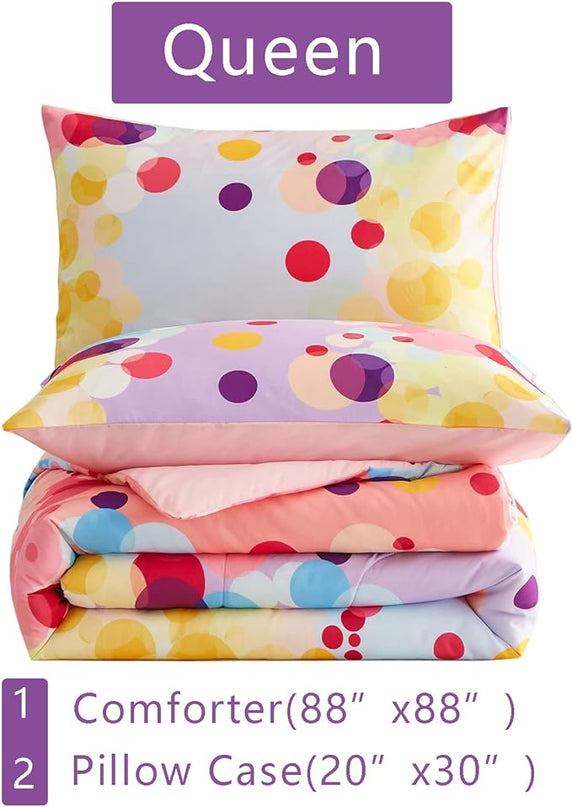 Rainbow Ombre Comforter Set Queen Size for Girls, Colorful Bubbles Polka Dots Comforter for Kids Teen, 3 Piece Orange Pink Purple Blue Gradient Pastel Bedding Set with 2 Pillow Case(Rainbow,Queen) - LeafyLoom