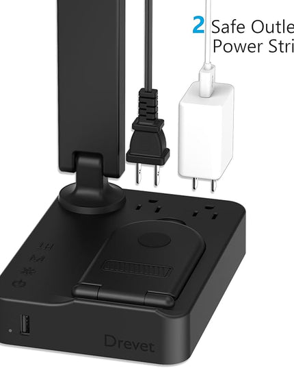 Drevet LED Desk Lamp with Wireless Charger, Desk Table Light with USB Charging Port and 2 Outlets, 3 Lighting Modes, 3 Level Brightness, 1H Timer, Touch Control, Eye-Caring Home Office Foldable Lamp - LeafyLoom