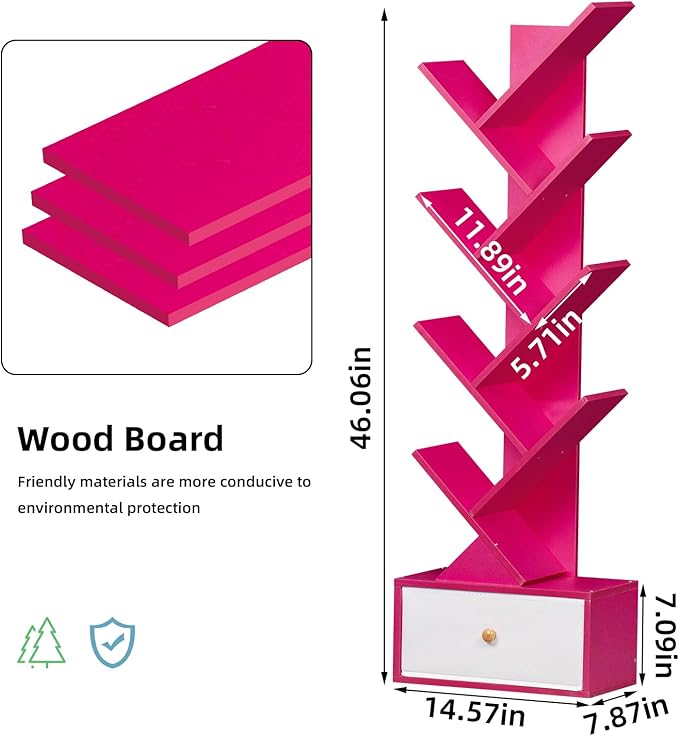 8 Tier Tree Bookshelf with Drawer, Free Standing Wood Bookcase for Narrow Space, Storage Organizer Bookshelves for Books, Book Case for Home Office, Living Room, Bedroom - Pink - LeafyLoom