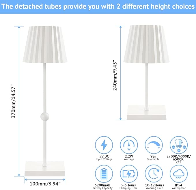 GGOYING Cordless Table Lamp,5200mAh Portable Rechargeable LED Lamp with 3 Color Stepless Dimming, Minimalist Battery Night Light for Dinner Camping(White) - LeafyLoom
