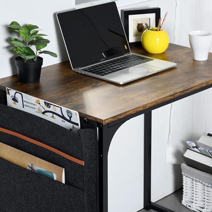 FurnitureR 31.5 inch Small Study Writing Table with Storage Bag Space Saving for Home Office, Modern PC Metal Frame Computer Desk, Black/Brown - LeafyLoom