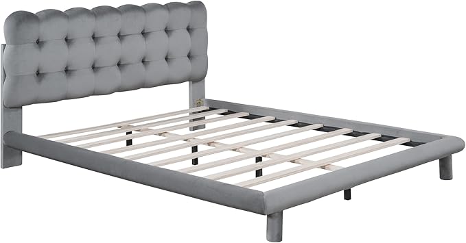 Queen Size Velvet Platform Bed with LED Lights and Remote Control,Bedroom Wooden Bed Frame w/Thick & Soft Fabric,Button-tufted Design Headboard,for Girls Boys Kids Teens Adults,Gray - LeafyLoom
