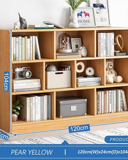 IOTXY Open Shelf Low Bookcase - Wooden 3-Tier Floor Standing Display Cabinet Organizer with Base, 10 Cubes Short Horizontal Bookshelf in Pear Yellow - LeafyLoom