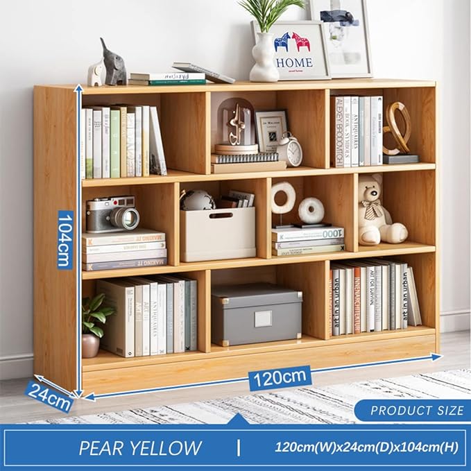 IOTXY Open Shelf Low Bookcase - Wooden 3-Tier Floor Standing Display Cabinet Organizer with Base, 10 Cubes Short Horizontal Bookshelf in Pear Yellow - LeafyLoom