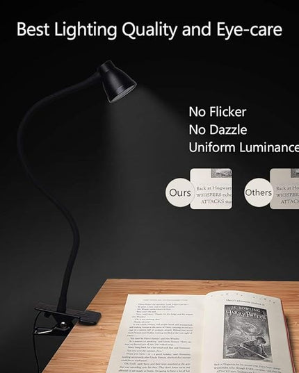 Clamp Desk Lamp, Clip on Reading Light, 3000-6500K Adjustable Color Temperature, 6 Illumination Modes, 10 Led Beads (Black) - LeafyLoom