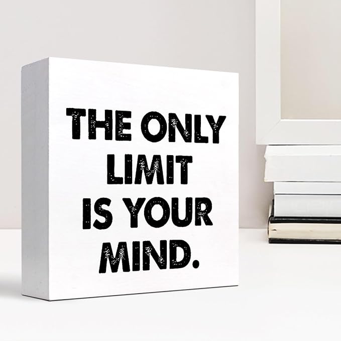 Positive Wood Box Sign Desk Decor,The Only Limit is Your Mind Wood Plaque Signs,Rustic Inspirational Wooden Block Sign Decor for Office Workplace Classroom Shelf Table Decoration C1079 - LeafyLoom