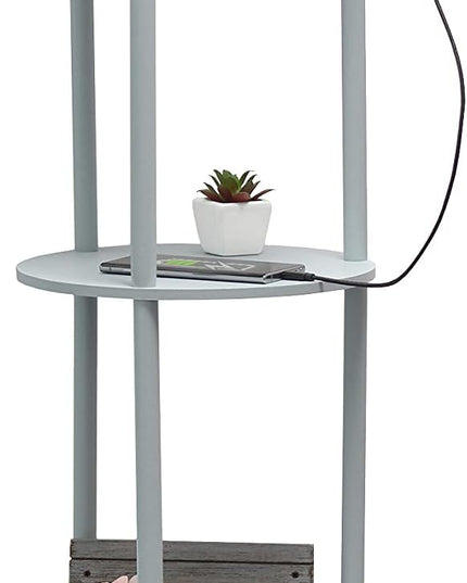 Simple Designs LF2010-GRY 62.5" Round Modern Shelf Etagere Organizer Storage Floor Lamp with 2 USB Charging Ports, 1 Charging Outlet and Linen Shade for Living Room Bedroom, Gray, 11.5 x 11.5 x 62.5 - LeafyLoom