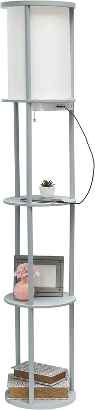 Simple Designs LF2010-GRY 62.5" Round Modern Shelf Etagere Organizer Storage Floor Lamp with 2 USB Charging Ports, 1 Charging Outlet and Linen Shade for Living Room Bedroom, Gray, 11.5 x 11.5 x 62.5 - LeafyLoom