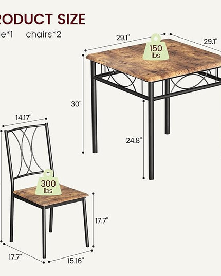 IDEALHOUSE Dining Table Set for 2, Kitchen Table and Chairs, Square Dining Room Table Set with 2 Metal and Wood Chairs, 3 Piece Dining Table Set for Small Spaces, Apartment, Rustic Brown - LeafyLoom