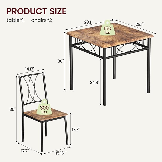 IDEALHOUSE Dining Table Set for 2, Kitchen Table and Chairs, Square Dining Room Table Set with 2 Metal and Wood Chairs, 3 Piece Dining Table Set for Small Spaces, Apartment, Rustic Brown - LeafyLoom