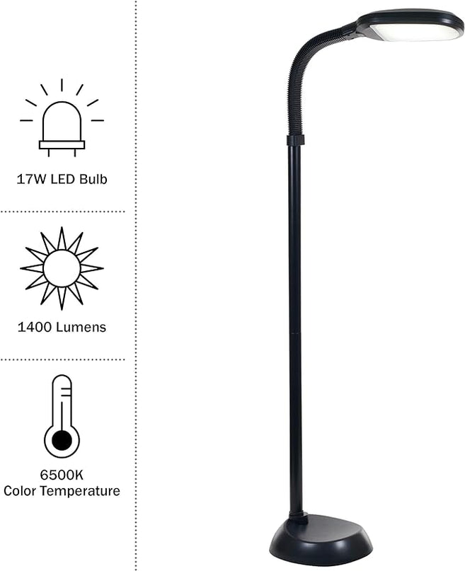 Bedford Home LED Floor Lamp - Full Spectrum Natural Sunlight Lamp with Bendable Neck - Dimmable Reading, Craft, and Esthetician Light (Midnight Black) - LeafyLoom