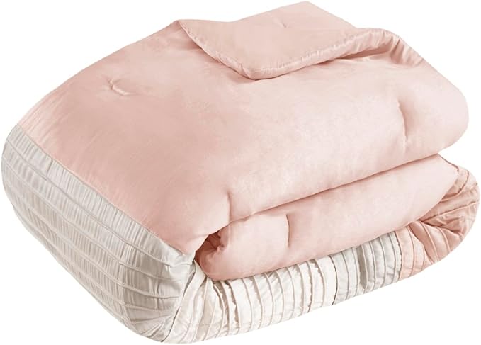 Madison Park Amherst Faux Silk Comforter Set-Casual Contemporary Design All Season Down Alternative Bedding, Matching Shams, Bedskirt, Decorative Pillows, Queen (90 in x 90 in), Blush/Taupe 7 Piece - LeafyLoom