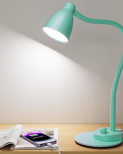BOHON LED Desk Lamp with USB Charging Port, 3 Color Modes Fully Dimmable Reading Lamp, Auto Dimming Task Lamp, Flexible Gooseneck Table Light for Office Dorm Bedside, Adapter Include, Teal - LeafyLoom