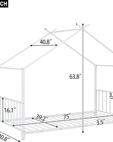 Twin Size Kids Montessori Floor Bed,House Bed Frame with High Headboard,Twin Floor Bed with Roof for Boys Girls,Floor Bed Metal Frame (White) - LeafyLoom