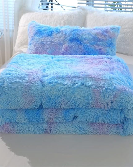 Faux Fur Kids Girls Blue Rainbow Comforter Sets King - 3PC Bed Set Warm Comfortable Soft Plush Flannel Velvet Fluffy Fuzzy Bedding（Comforter x 1 Pillowcases x 2） - LeafyLoom