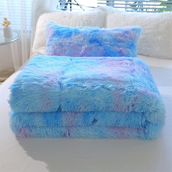 Faux Fur Kids Girls Blue Rainbow Comforter Sets King - 3PC Bed Set Warm Comfortable Soft Plush Flannel Velvet Fluffy Fuzzy Bedding（Comforter x 1 Pillowcases x 2） - LeafyLoom